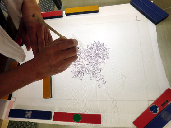 青花の液を使い下絵を生地に写す。水洗いすると青花は消えます。 青花の液を使い下絵を生地に写す。水洗いすると青花は消えます。