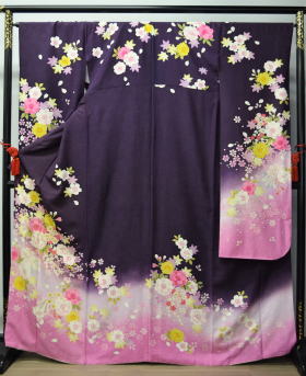 正絹刺繍入り京友禅振袖、紫、ピンク、レンタル大阪 正絹刺繍入り京友禅振袖、紫、ピンク、レンタル大阪
