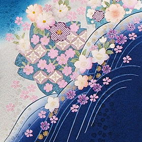 正絹紋意匠、地紋入り花づくし文様ブルー（青）振袖【FR-139】|振袖レンタル|大阪都島、日産呉服・和田甚