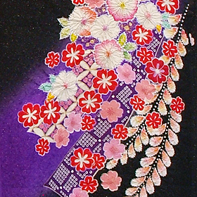 正絹金ラメ入り･辻が花文様･絞り入の黒地手描き友禅振袖、レンタル大阪