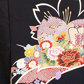 紋意匠、花ずくし手描き京友禅振袖、黒、レンタル大阪