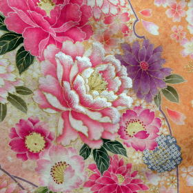 正絹手刺繍入りオレンジ地手描き京友禅、レンタル大阪