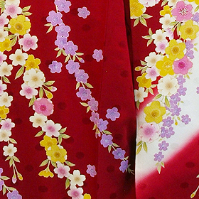 正絹地紋入り、桜流れ文様京友禅振袖、赤、レンタル大阪
