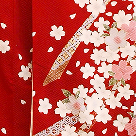 緞子、桜花流水文様・京友禅振袖、赤、レンタル大阪