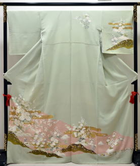 正絹手描き琳派訪問着グリーン:h-028.レンタル大阪 正絹手描き琳派訪問着グリーン:h-028.レンタル大阪