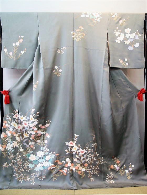 正絹手描き京友禅、白花・濃グレー【H-019】レンタル大阪 正絹手描き京友禅、白花・濃グレー【H-019】レンタル大阪